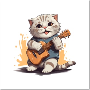 Scottish Fold Cat Playing Guitar Posters and Art